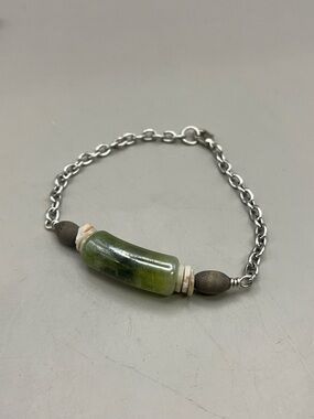 Handmade Green Stone Bar Bracelet | Silver Tone Chain Coastal Boho Jewelry